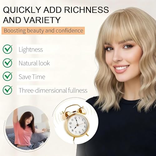 Image of AGO Mixed Blonde Bob Wavy Wigs with Bangs, Short Grey Blonde Bob Wig Loose Wave Synthetic Hair Heat Resistant Fiber Synthetic Wig for Daily Party Halloween Cosplay Use(Mixed Blonde)
