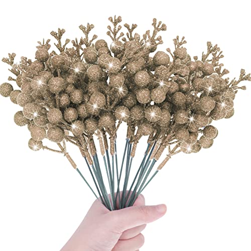 Spwolfrt Winter Berry Picks, 16 Pcs Artificial Pine Picks/Holiday Berries Picks/Christmas Berry Stems/Glittery Sprays Artificial Snow For Christmas Tree, Wreaths,Whiter Christmas Decor (Champagne) #TOP14