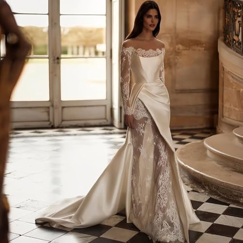 Off Shoulder Satin Wedding Dresses Mermaid Lace Long Sleeve Bridal Gowns with Train for Brides3