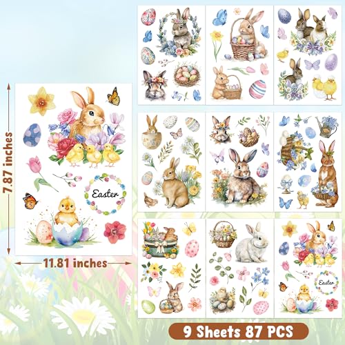 Image of 9 Sheets Easter Window Clings, 87 PCS Watercolor Easter Party Decorations with Bunny Egg Flower, Double Sided Egg Window Decals Stickers for Spring Decor Home Office Party Supplies
