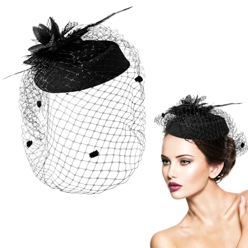 Dimeho Chapeau bibi pour femme, voile, plumes, bibi, pince à cheveux années 20 et 50, chapeaux avec voile, chapeau vintage, élégants chapeaux pour cocktail...