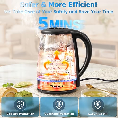 Image of TOPWIT 2.0L Glass Electric Kettle, Hot Water Boiler, BPA-Free | Stainless Steel Bottom & Lid, Fast Boil, Auto Shut-Off & Boil-Dry Protection, No Plastic Odor | for Tea, Coffee, Home, Office