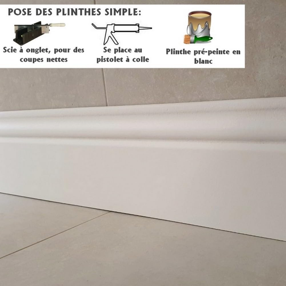 MadeInNature, Zócalo de medio moldeado de estilo Luis XV prepintado blanco de muy alta calidad, diferentes dimensiones, fabricación francesa (largo. 2 m Altura: 8 cm, 10 ml)