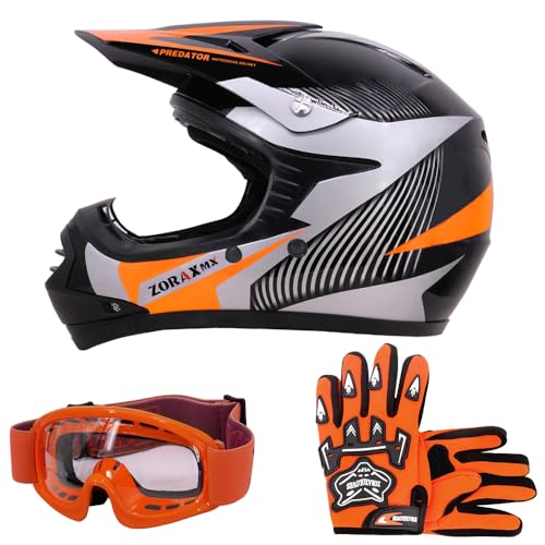 Zorax ZOR-X19 Orange M (51-52cm) Predator Kids Motocross Motorbike MX Helmet ECE2206 & Gloves M (6cm) & Goggles