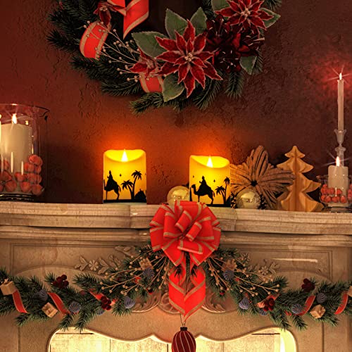 Image of Treela 2 Pieces Christmas Flameless LED Candles with 8h Timer, Battery Operated Plastic Pillar Rustic Candles Warm Light with Decals for Adventure Table Home Decor, D3 x H6 (Nativity)