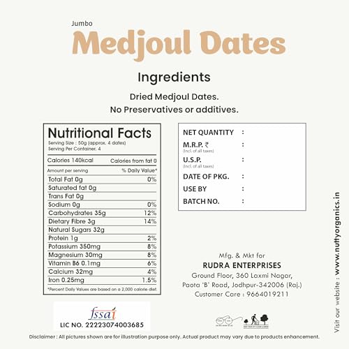 Image of NUTTY ORGANICS Medjoul Dates 400 GM | Rich in Protein & Vitamins | Khajoor | Healthy & Nutritious Snack