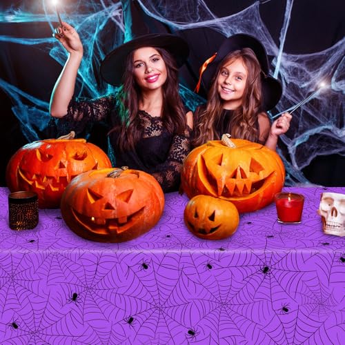 Image of Miucat 3Pcs Halloween Tablecloth - Spider Web Table Cloth, Plastic Disposable for Party Decorations 54 inch x 108 inch (Purple)