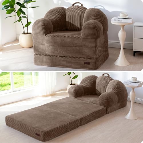 Image of MAXYOYO Folding Sofa Bed, Floral-Shaped Convertible Floor Sofa Couch withBackrest, 2 in 1 Comfy Lounger Bean Bag Chair with Handle, Floor Single Couch for Living Room Bedroom, Brown