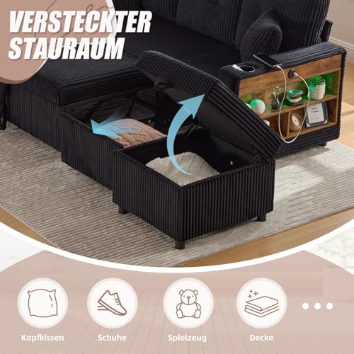 Canapé 3 Places Velours Noir USB-C Modulable KOMHTOM