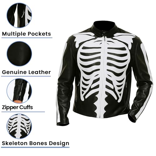 Men's Skeleton Design Motorcycle Racing Black Biker Leather Jacket2