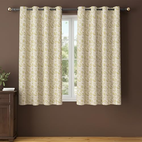 Image of Yellow Weaves 1 Pc Jacquard Botanical Eyelet Window Curtain - Perfect for Home, Office, Bedroom, Living Room & Balcony - 5 Feet (Golden)