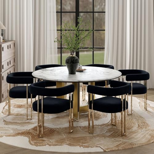Hyfirm Set of 6 Black and Gold Modern Dining Chairs, Velvet Upholstered Barrel Armchairs with Metal Legs for Kitchen Island, Mid Century Accent Chairs for Dining Room Living Room, Open-Back
