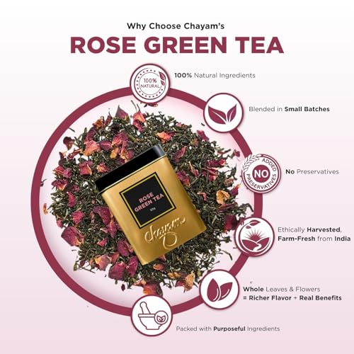 Image of CHAYAM Rose Green Tea | 50g Loose Rose Tea with 100% Natural Rose Petals & Flavour | Floral Detox & Antioxidant Wellness Tea | Refreshing & Aromatic | Low Caffeine | Premium Gift Tin
