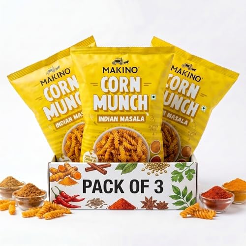 Image of Makino Corn Munch Indian Munch Crunchy Chips, Pack of 3 (150g) Each - First Time in India, Creamy & Zingy Fusion Flavour, Irresistible Snack, Zero Trans Fat, Gluten Free & No MSG