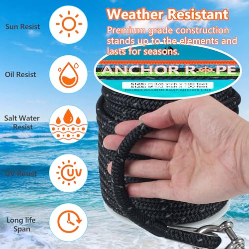 Anchor Rope 100 FT 1/2 in, Double Braided Anchor Line with 316 Stainless Steel Thimble & Shackle, Boat Anchor Rope Ideal for Towing, Mooring, Deck, Anchoring, Boats Up to 35\' - Black - Thumbnail 3