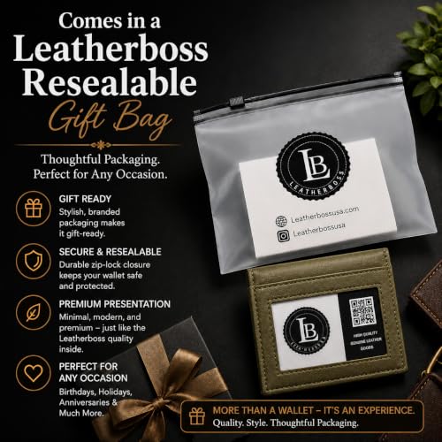 Image of LB LEATHERBOSS Slim Thin Leather Credit Card Triple ID Window Mini Wallet Bifold Driver License Safe (Army Green)