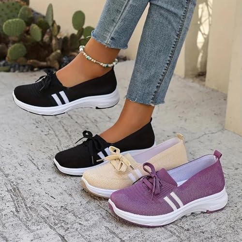 Women’s Breathable Knit Slip-On Sneakers with Bow Lightweight Non-Slip Casual Running Sneakers Comfy Breathable Low-Top Walking Shoes2