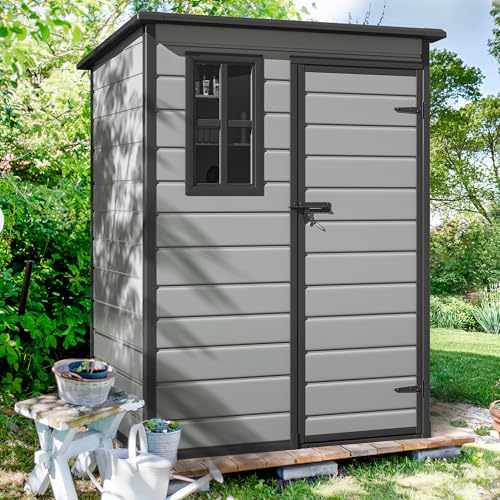Image of DWVO 5x3 FT Outdoor Storage Shed with Floor, All-Weather Resin Storage Shed with Lockable Door & Window, Waterproof Plastic Tool Storage for Garden, Backyard, Patio, Lawn,Blue-Gray+Black