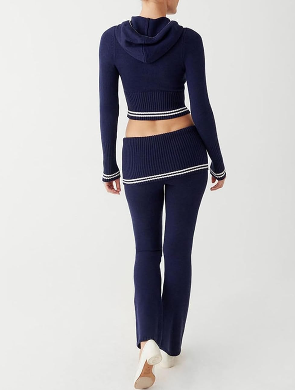 Pantaloni da donna con cappuccio elasticizzati a maniche lunghe con zip e pantaloni da salotto - Moda casual Y2k Slim Crop Top a vita alta Pantaloni skinny Abiti maglione, blu navy, M