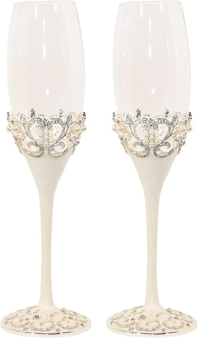 Pearl Finish Wedding Champagne Toasting Flutes, Set of 2 Elegant Ornate Toasting Glasses for Bride and Groom