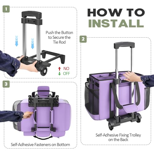 Image of Rolling Cleaning Caddy Bag with Detachable Trolley, Cleaning Supplies Organizer Cart on Wheels, Cleaning Supply Caddy for Housekeepers (Purple, 11.5 inch Dx15.7 Wx13 H)
