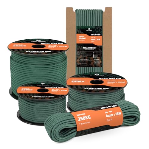 Kamu Synber 550 Paracord 4mm 50m Typ III Schnur 7 Stränge Nylon Seil Fallschirmschnur für Basteln, Outdoor, Camping, Survival | Tragkraft 250kg | Dunkelgrün