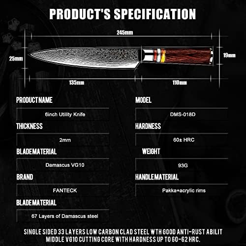 [6-Inch] Utility Damascus Knife FANTECK Paring Knife 67-Layer Stainless Steel VG10 Pro Razor Sharp Blade High Carbon Utility Fruit Peeling Knife Kitchen Chef Knife Gift Box-Ergonomic Pakkawood Handle