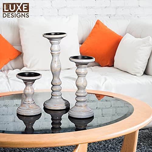Large Candle Holders for Pillar Candles - Rustic Farmhouse Style Home Decor - Perfect for Table Centerpieces, Coffee Table or Fireplace Mantel - 3 Piece Set - Grey