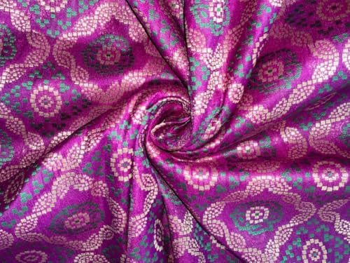 Tissu brocart violet vert et doré métallique haute couture de 112 cm