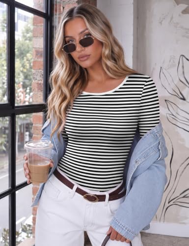 Ekouaer Long Sleeve Shirts for Women Scoop Neck Tight Slim Basic Fitted Top - image 2