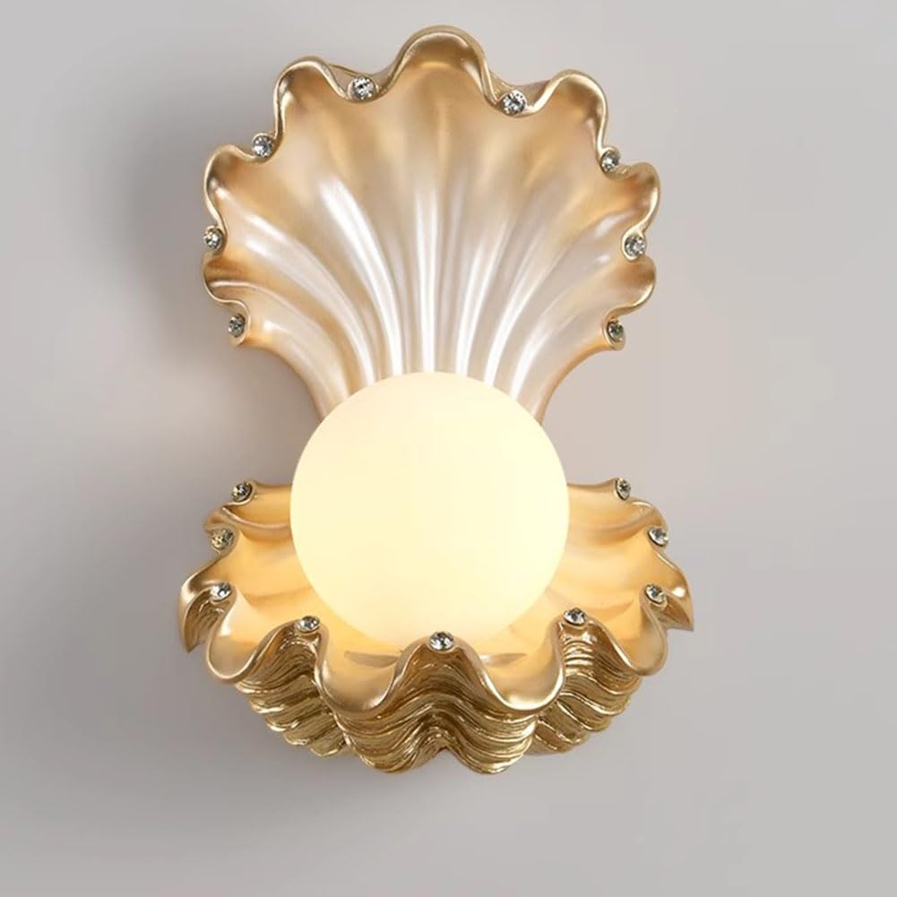 Logt Boys Gold Led Wall Lamp Indoor Shell Design Wall Light Round Glass Shade Kids Room Sconce Lamp Wall 3D Resin Decorative Bedside Lighting Modern Curved Design Wall Illumination Moon And Girls,