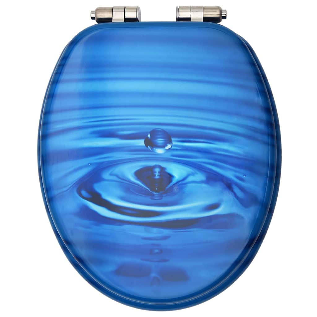 Sedile WC in MDF blu con funzione di abbassamento automatico e design a goccia d'acqua, robuste cerniere in zinco cromato regolabili da 12 a 20 cm, adatto per tutti i WC comuni