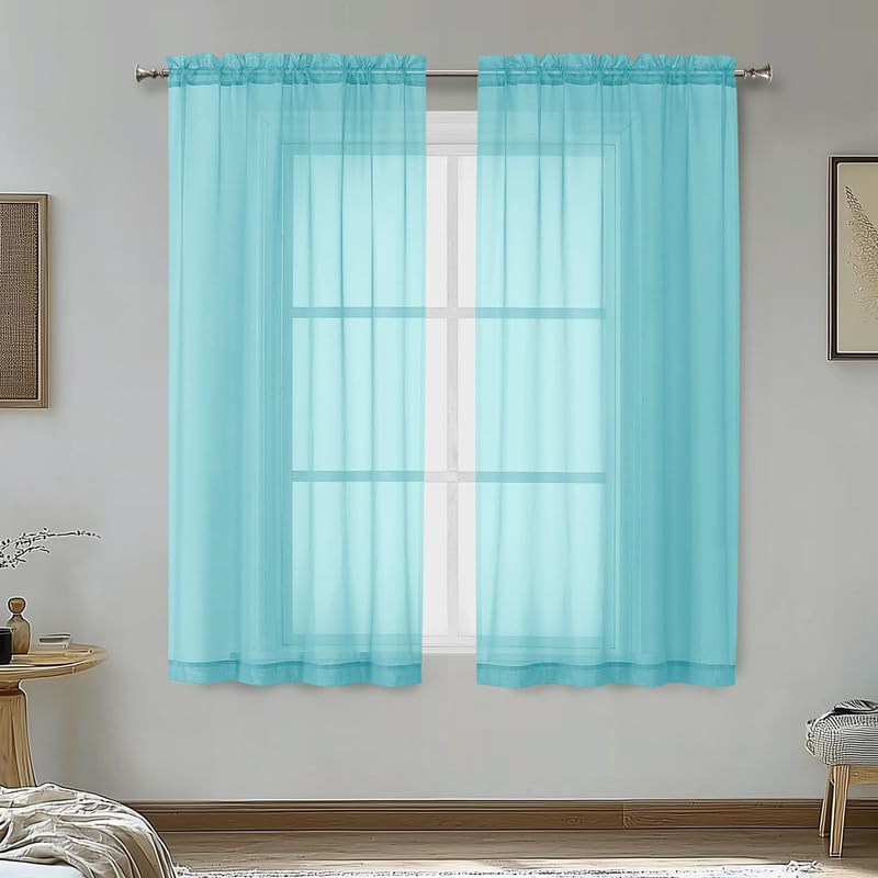 Image of OVZME Aqua Sheer Curtains 54 Inches Long 2 Panels - Soft Light Filtering Window Sheer Panels for Living Room /Bedroom, Top Dual Rod Pocket, 1 Pair, Each 42Wx54L Inches