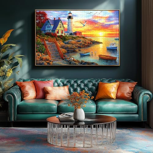 Image of Lighthouse Sunset 500 Piece Puzzles for Adults Colorful Coastal Scene with Boats Jigsaw Puzzles 500 Pieces Seaside Landscape Family Puzzle Challenging Family Puzzle Games Gift for Adults (21 inchx15 inch)