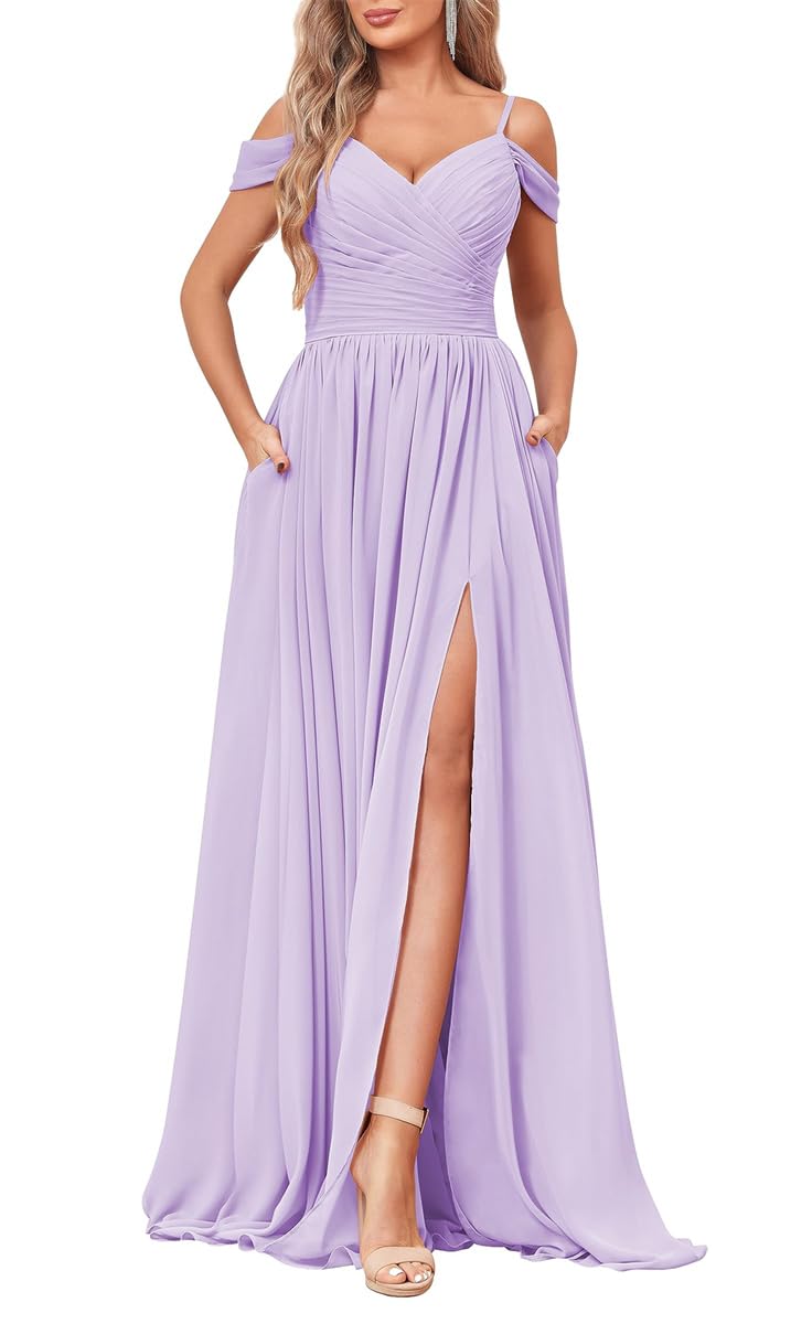 YIANN Bridesmaid Dresses Long Spaghetti Strap Chiffon Lilac Maid of Honor Evening Dress Formal Gown with Pockets UK20