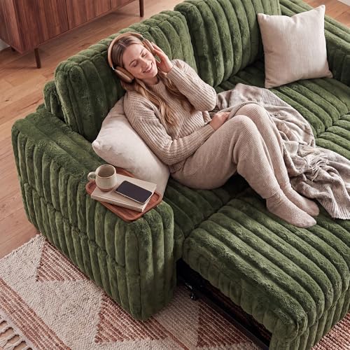 Image of HONBAY Plush Corduroy Loveseat Sleeper Sofa,Modular Pull Out Sofa Bed,Couches for Living Room,Plush Green