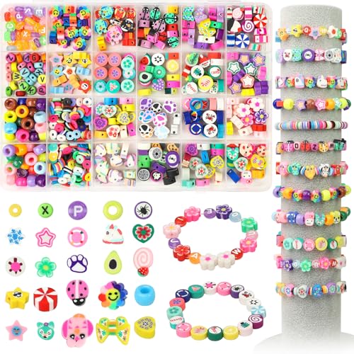560PCS Friendship Bracelet Making Kit 24 Style Flower Heart Clay Beads Rainbow Color Pony Beads for Bracelet Making Cute Letter Bead Kit for Necklace Jewelry Earring DIY