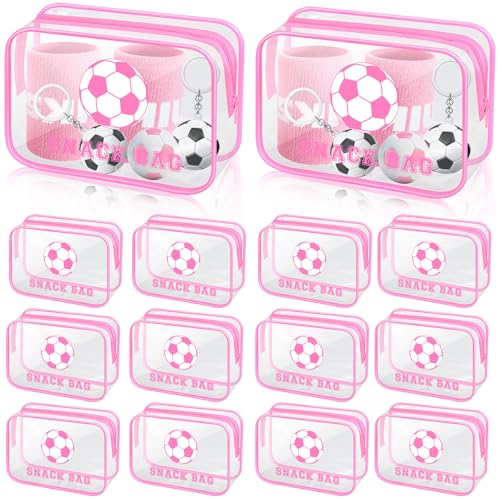 Demonwer 12 Pcs Soccer Snack Bags for Team Gifts Pink Soccer Goodie Treat Clear PVC Candy Pouch Bags with Zipper for Team Birthday Sport Party Favors