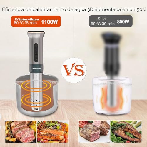 Miniatura 5 de Kitchenboss Sous Vide Stick 1100 W: Ipx7 Resistente Al Agua Sous Vide Garer, Ciculador De Inmersión Con Pantalla Led Y Termostato Ajustable Para Una Cocción Precisa, Acero Inoxidable Plateado