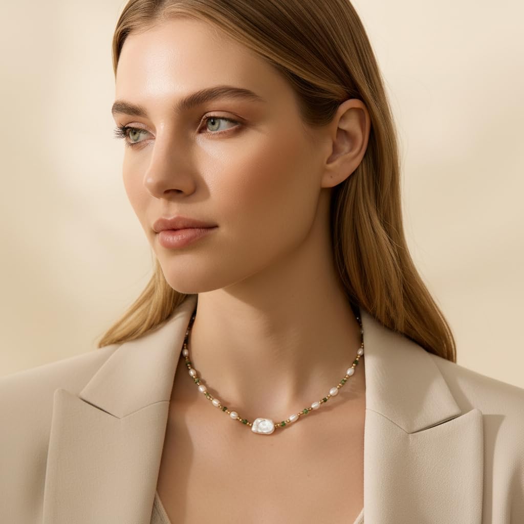 Freshwater Cultured Baroque Pearl choker and Natural Green Stone Beaded - Necklaces with Real 18K Gold Plated - Fine Jewelry for Women - Fashion Necklace Handmade - Image 6