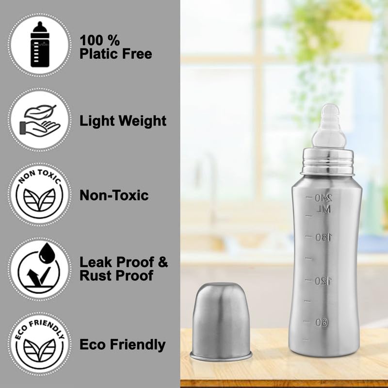 Image of Home's and Kitchen 240 ml Stainless Steel 304 Grade New Born Baby Feeding Bottle for Milk /Water Feeding Pack of 2, 240ml