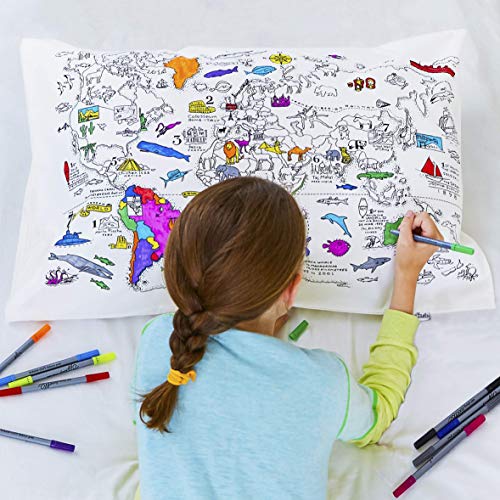 Eatsleepdoodle World Map Pillowcase And World Map Twin Duvet Cover Bundle - Educational World Map Pillowcase And Duvet Covet For Children To Color - Each Includes Washable Felt Tip Fabric Markers #TOP4
