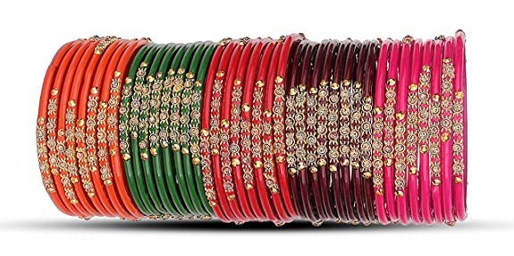 Image of NMII Glass with Zircon Gemstone and Beads Studded Bangle set for Women and Girls