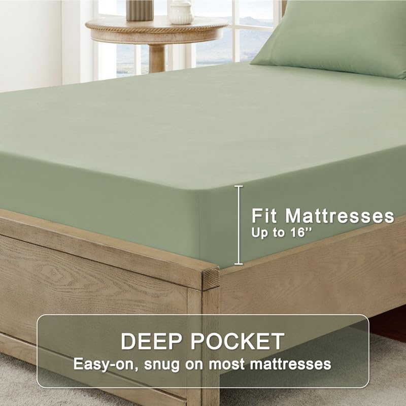 Image of FreshCulture California King Sheet Sets - Brushed Microfiber - Deep Pockets - Easy Care - Cooling & Breathable Bed Sheets - 4 Pieces Hotel Luxury Cal King Sheets (Sage Green)