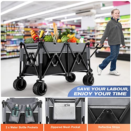 Raynesys Collapsible Wagons Heavy Duty 440 Lbs Folding Beach Carts With Big All-Terrain Wheels, Utility Lounge Wagon Garden Cart With 200L Capacity For Outdoor, Sports, Shopping, Camping, Black & Gray #TOP6