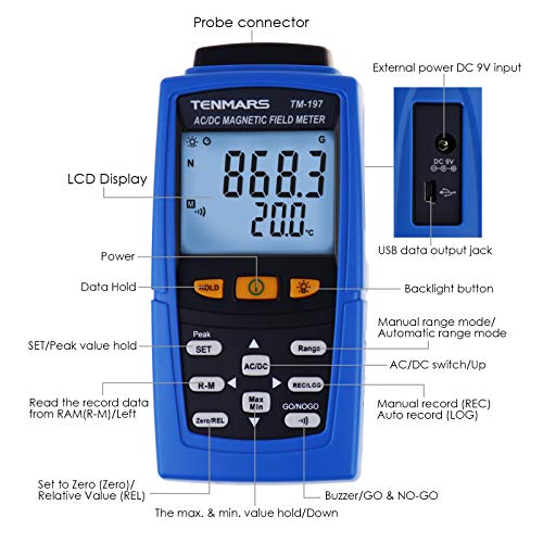 Image of AC /DC Gaussmeter Magnetic Field Strength Meter Teslameter Magnetometer Residual Permanent Magnet N /S Polarity 3000mT (30000 Gauss) Automatic Manual Data Recording