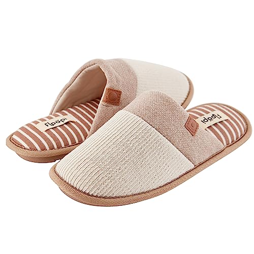 Floopi House Slippers for Women, Soft Ribbed Knit Closed Back Women Slipper, Multiple Layered Comfy Memory Insole Foam with Indoor & Outdoor Anti Skid Sole (S, Taupe-389)
