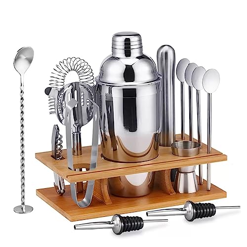 Doaf - Conjunto de Coqueteleira Inox com 13 Peças + Suporte Madeira Prata
