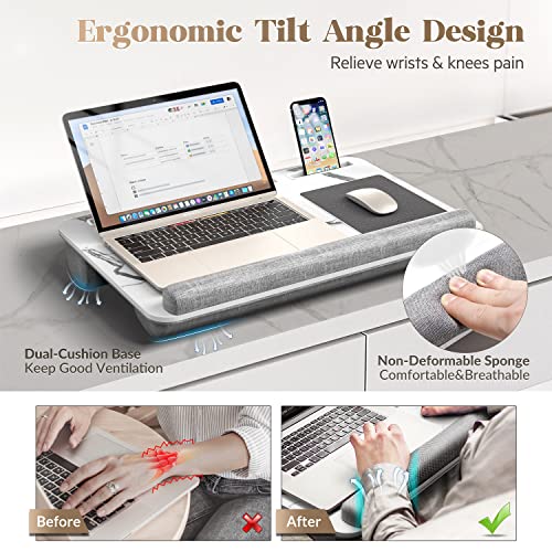Gimars Home Office Lap Desk Fits Up To 17 Inches Laptop With Dual Cushion,Wrist Rest, Built-In Mouse Pad, Tablet Phone Holder And Storage Drawer, White Marble #TOP1