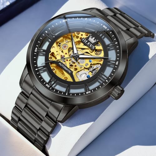 Image of OLEVS Mens Automatic Watch Skeleton Diamond Luxury Mechanical Self Winding Dress Wrist Watch Waterproof Luminous